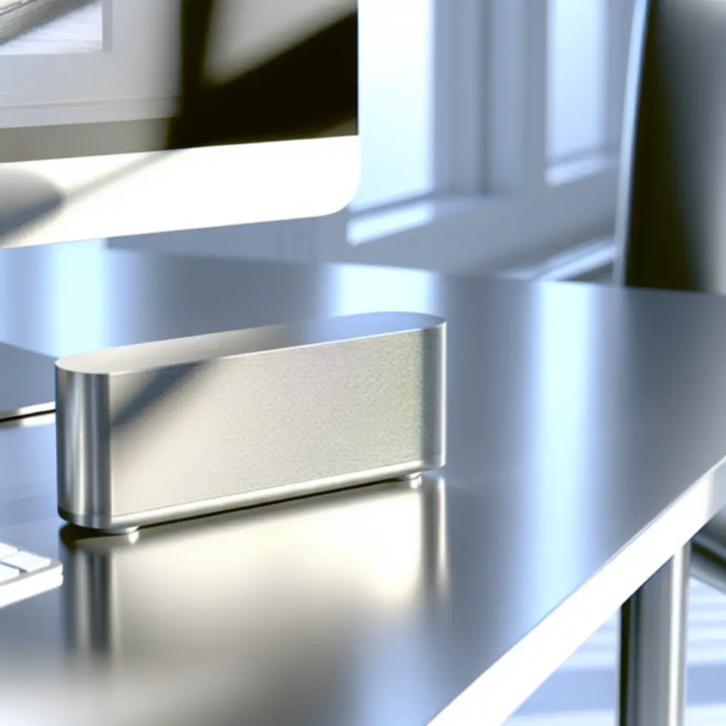 EchoBar Micro – kompaktowy soundbar do biurka w kolorze szczotkowanego srebra