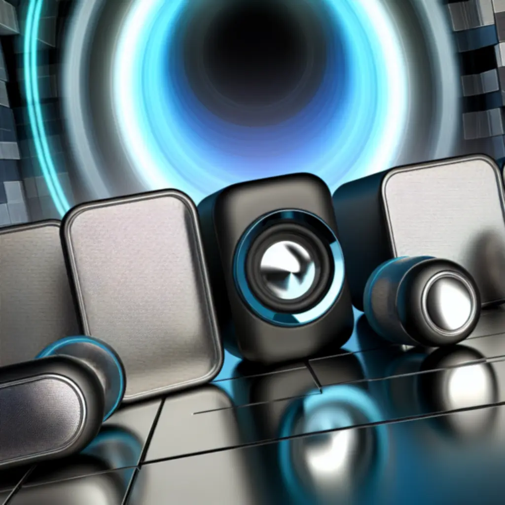 Zestaw przenośnych głośników na futurystycznym tle