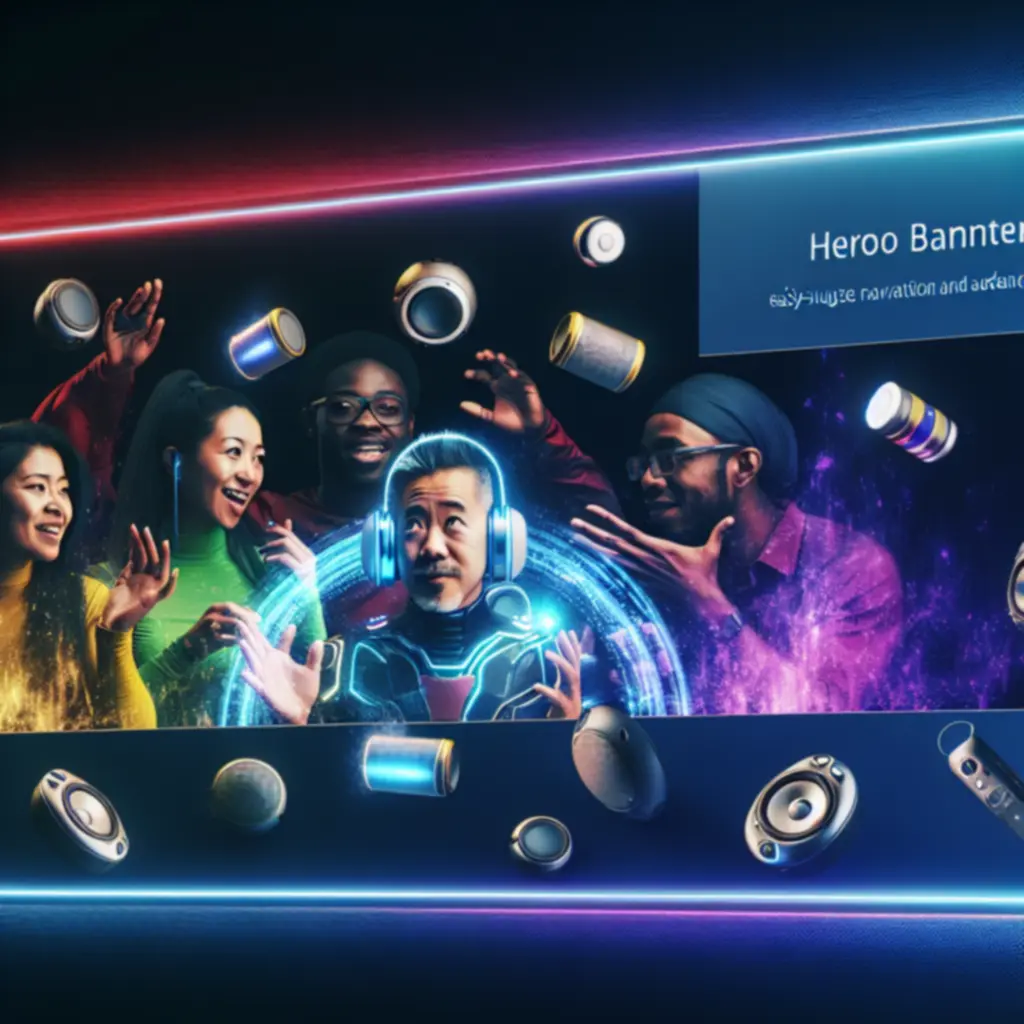 Energetyczny baner z futurystycznymi głośnikami i neonowymi akcentami