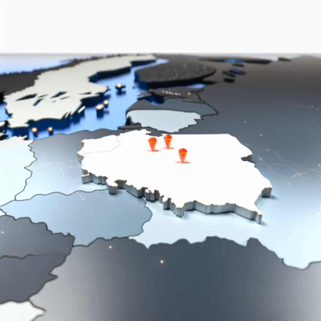 Mapa Polski z zaznaczonymi punktami: Warszawa, Kraków, Gdańsk.